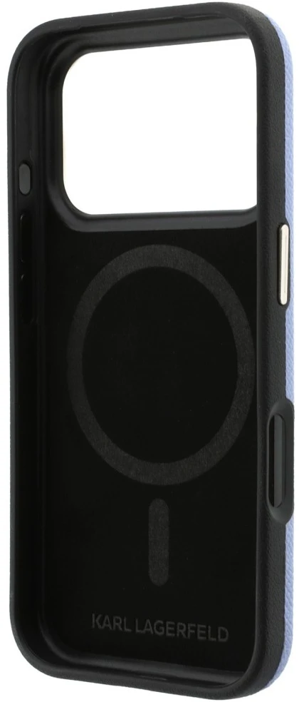 Dėklas Karl Lagerfeld Grained with Resin Signature Logo MagSafe, skirtas iPhone 18 Pro / 17 Pro, šviesiai mėlynas