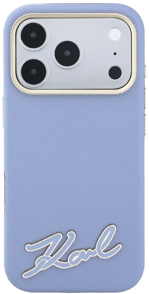Dėklas Karl Lagerfeld Grained with Resin Signature Logo MagSafe, skirtas iPhone 18 Pro / 17 Pro, šviesiai mėlynas