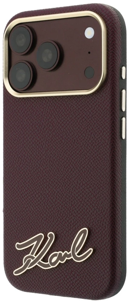 Dėklas Karl Lagerfeld Grained with Resin Signature Logo MagSafe, skirtas iPhone 18 Pro / 17 Pro, bordo spalvos