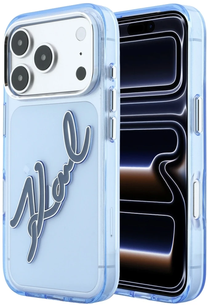 Karl Lagerfeld IML Big Signature derva metalo rėmelio dėklas, skirtas iPhone 17 Pro / 18 Pro – Mėlyna