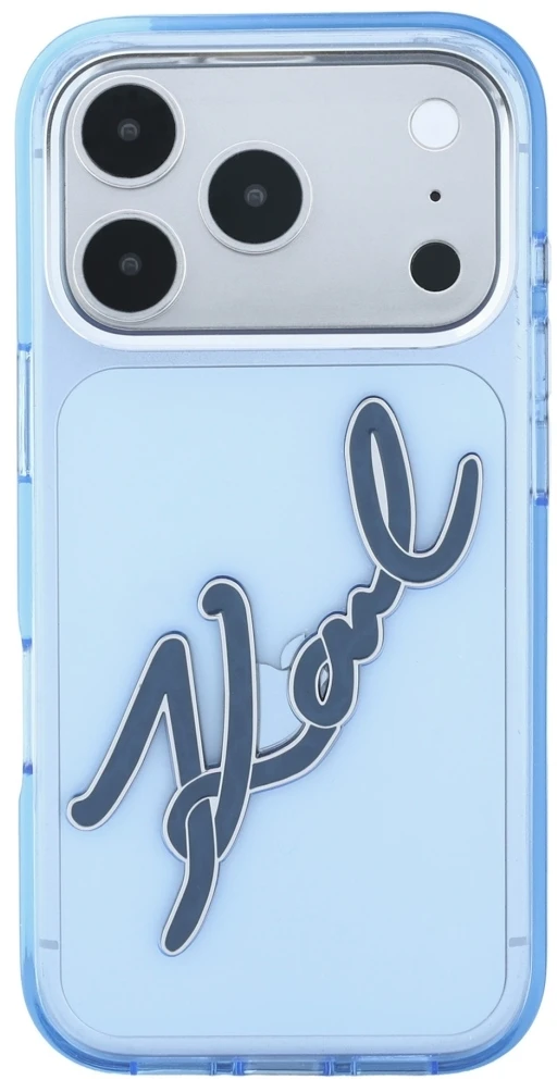 Karl Lagerfeld IML Big Signature derva metalo rėmelio dėklas, skirtas iPhone 17 Pro / 18 Pro – Mėlyna