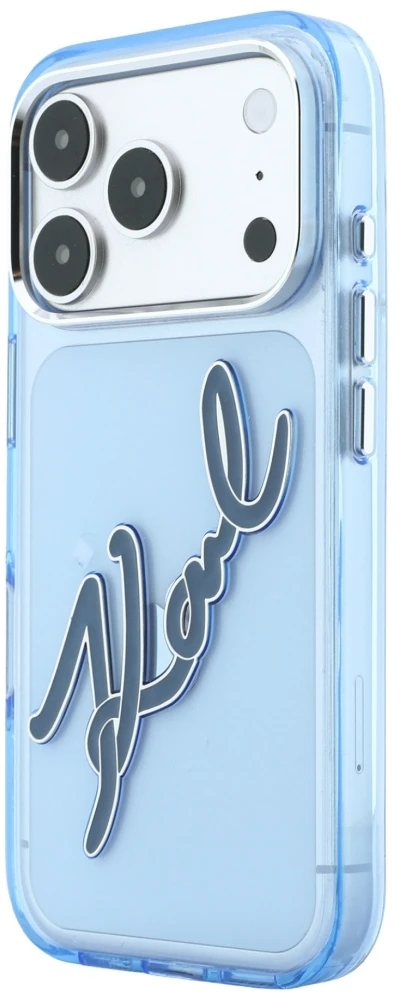 Karl Lagerfeld IML Big Signature derva metalo rėmelio dėklas, skirtas iPhone 17 Pro / 18 Pro – Mėlyna