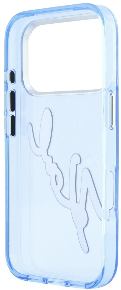 Karl Lagerfeld IML Big Signature derva metalo rėmelio dėklas, skirtas iPhone 17 Pro / 18 Pro – Mėlyna