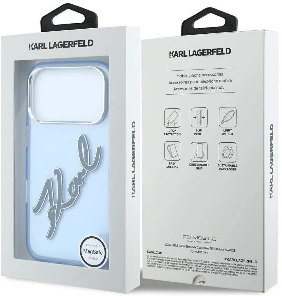 Karl Lagerfeld IML Big Signature derva metalo rėmelio dėklas, skirtas iPhone 17 Pro / 18 Pro – Mėlyna