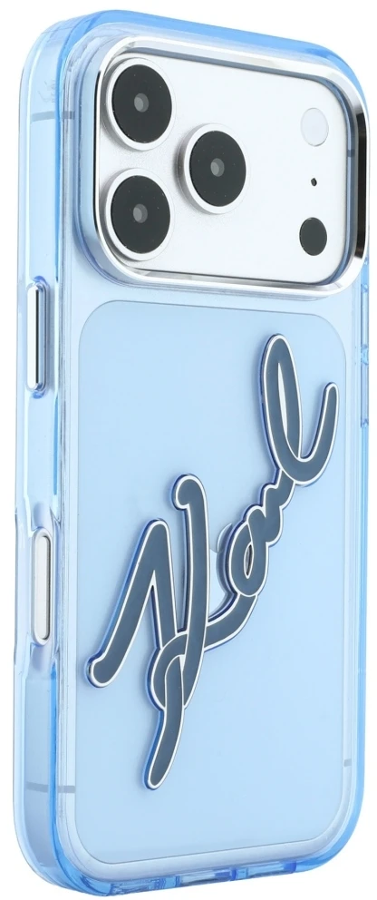 Karl Lagerfeld IML Big Signature derva metalo rėmelio dėklas, skirtas iPhone 17 Pro / 18 Pro – Mėlyna
