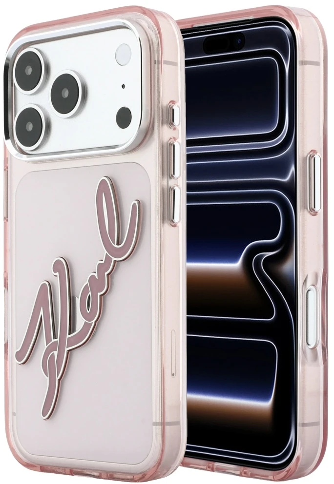 Dėklas Karl Lagerfeld IML Big Signature Resin Metal Frame Case, skirta iPhone 17 Pro / 18 Pro - Rožinė
