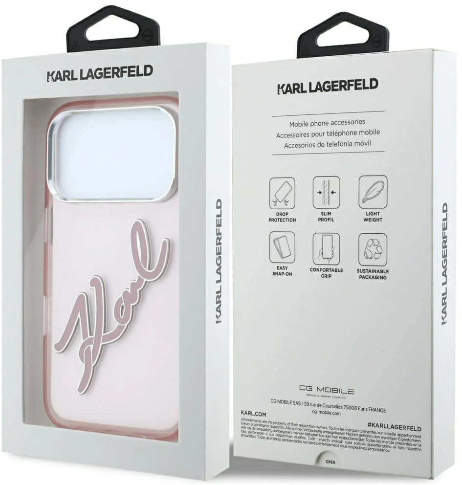 Dėklas Karl Lagerfeld IML Big Signature Resin Metal Frame Case, skirta iPhone 17 Pro / 18 Pro - Rožinė