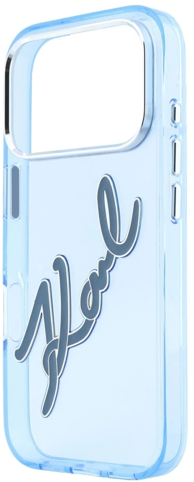Karl Lagerfeld IML Big Signature derva metalo rėmelio dėklas, skirtas iPhone 17 Pro / 18 Pro – Mėlyna