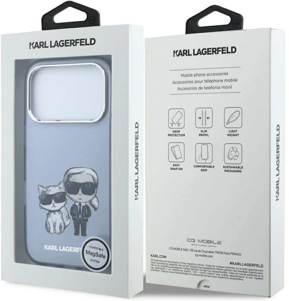 Dėklas Karl Lagerfeld IML Karl&Choupette Bodies Sketch Print MagSafe case for iPhone 17 Pro / 18 Pro - light mėlynas