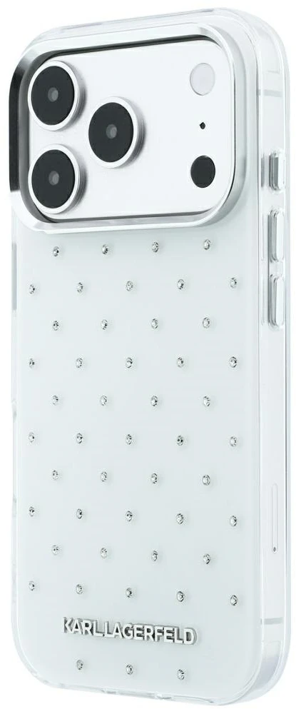 Dėklas Karl Lagerfeld IML Rhinestones Allover and Electroplated Logo skirtas iPhone 18 Pro /17 Pro baltas