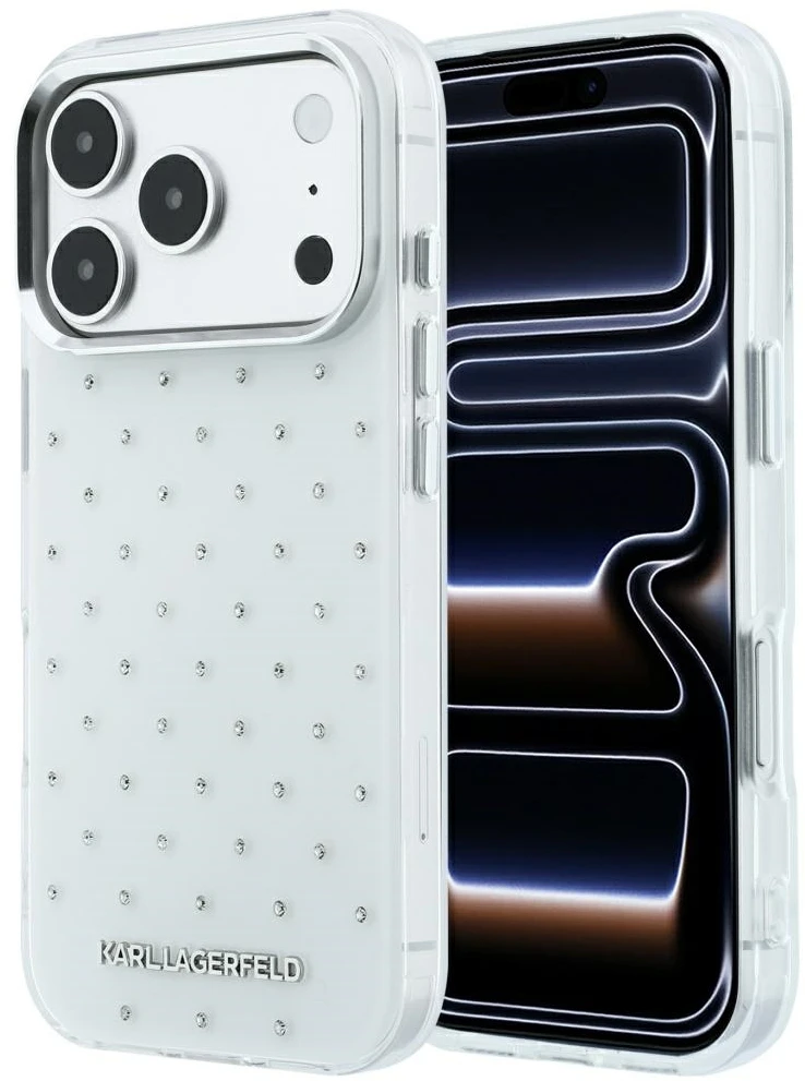 Dėklas Karl Lagerfeld IML Rhinestones Allover and Electroplated Logo skirtas iPhone 18 Pro /17 Pro baltas