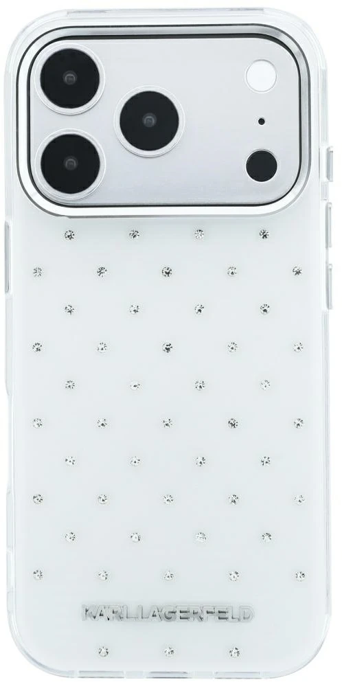 Dėklas Karl Lagerfeld IML Rhinestones Allover and Electroplated Logo skirtas iPhone 18 Pro /17 Pro baltas