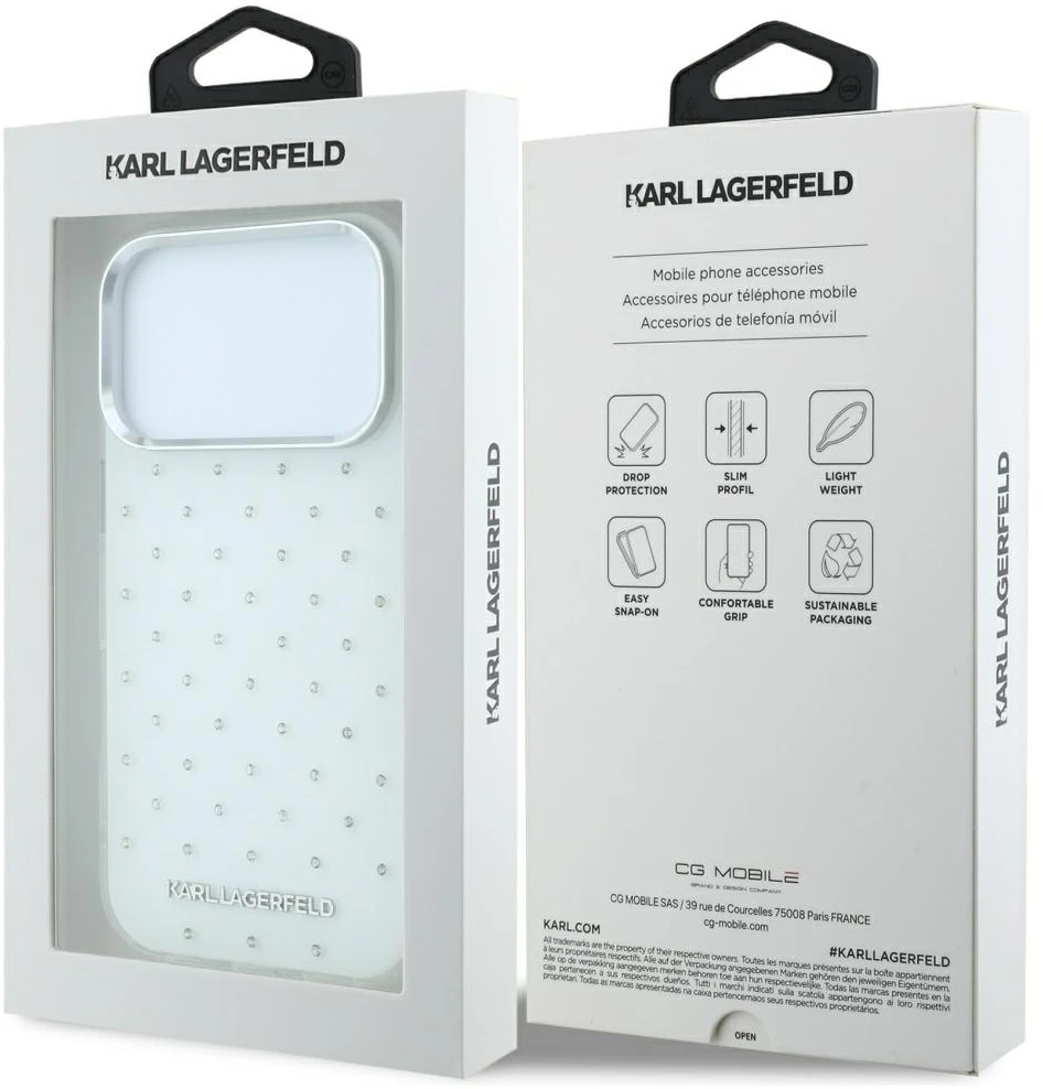 Dėklas Karl Lagerfeld IML Rhinestones Allover and Electroplated Logo skirtas iPhone 18 Pro /17 Pro baltas