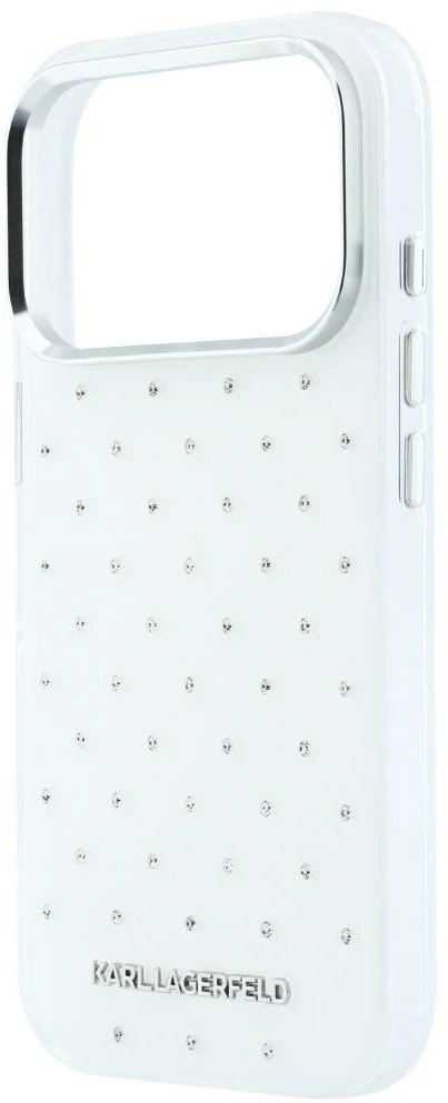 Dėklas Karl Lagerfeld IML Rhinestones Allover and Electroplated Logo skirtas iPhone 18 Pro /17 Pro baltas