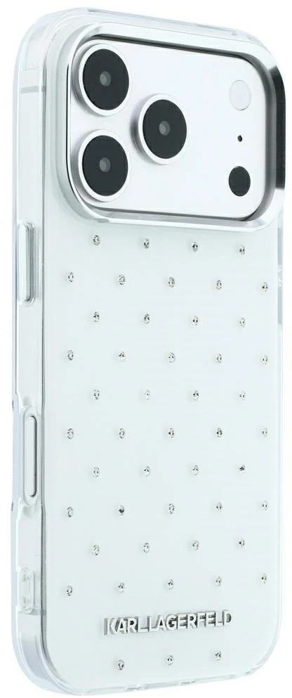 Dėklas Karl Lagerfeld IML Rhinestones Allover and Electroplated Logo skirtas iPhone 18 Pro /17 Pro baltas