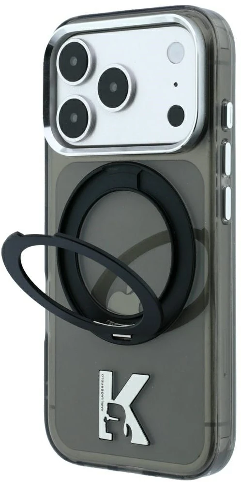 Dėklas Karl Lagerfeld IML Ring Stand 360 Kameo Metal MagSafe Case for iPhone 17 Pro Max / 18 Pro Max - Juoda