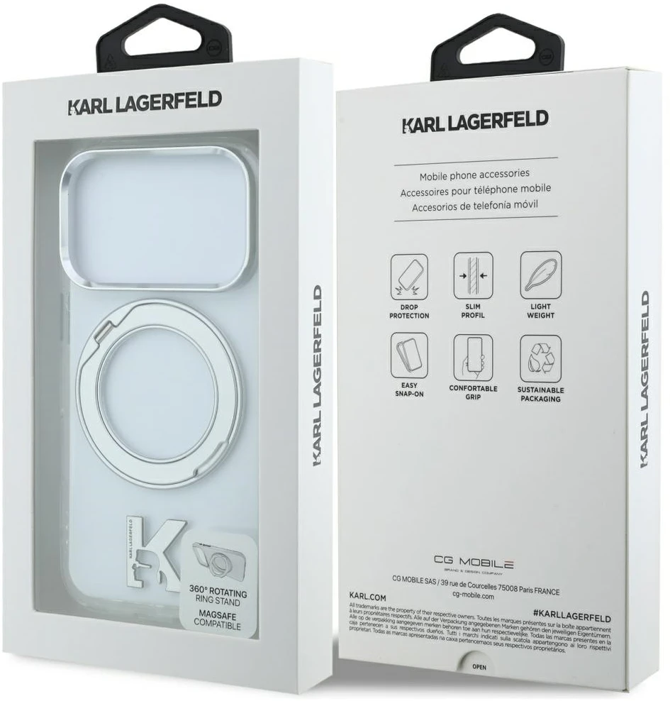Karl Lagerfeld IML Ring Stand 360 Kameo Metal MagSafe dėklas, skirtas iPhone 17 Pro / 18 Pro – permatomas