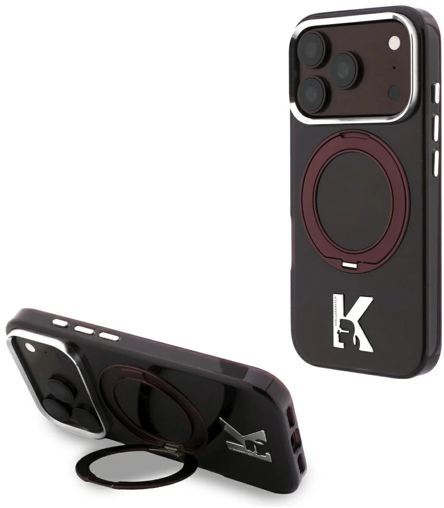 Karl Lagerfeld IML Ring Stand 360 Kameo Metal MagSafe dėklas, skirtas iPhone 17 Pro / 18 Pro - bordo