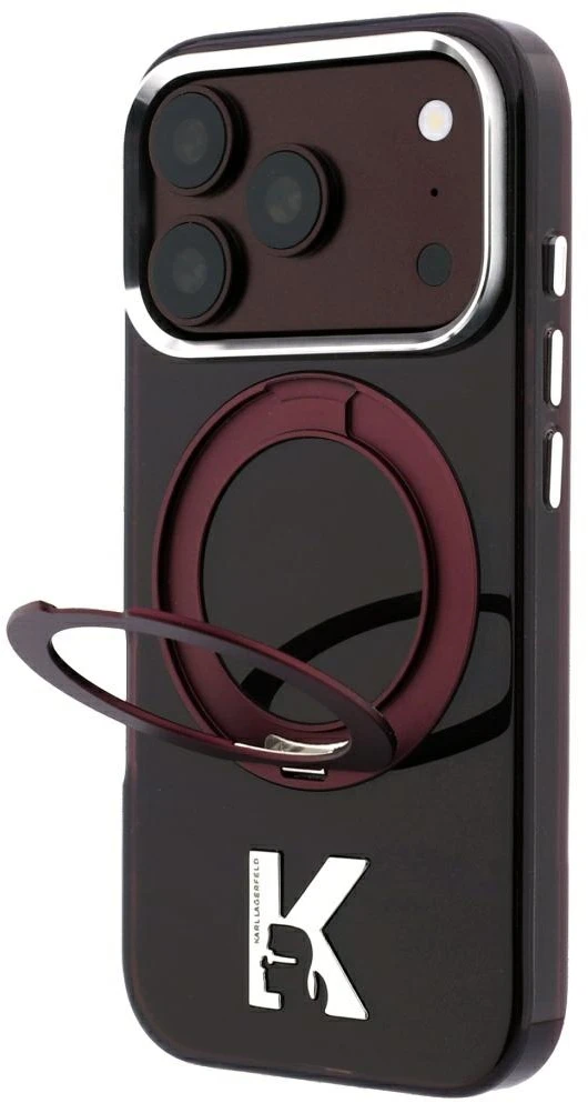 Karl Lagerfeld IML Ring Stand 360 Kameo Metal MagSafe dėklas, skirtas iPhone 17 Pro / 18 Pro - bordo
