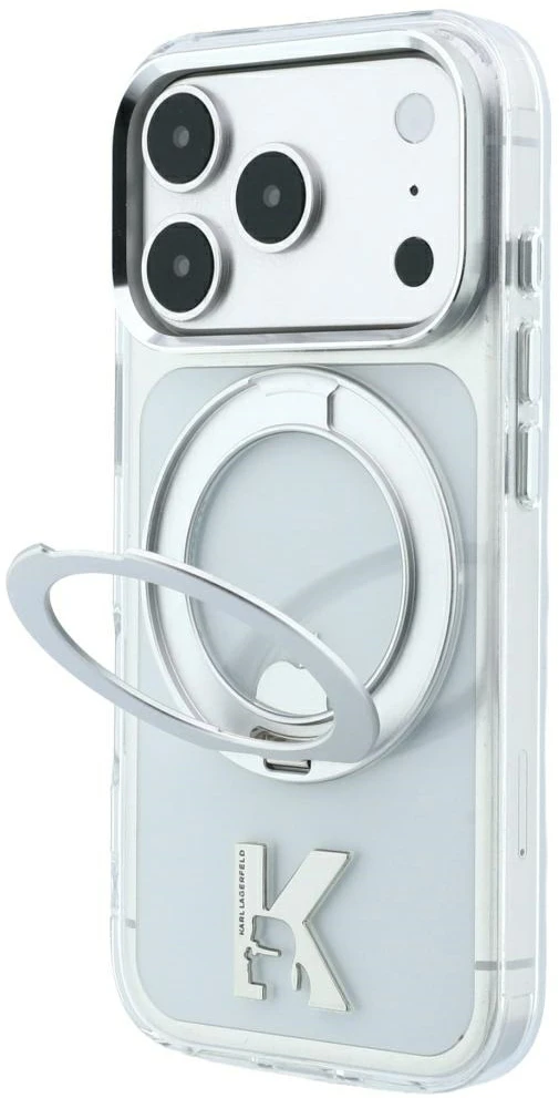 Karl Lagerfeld IML Ring Stand 360 Kameo Metal MagSafe dėklas, skirtas iPhone 17 Pro / 18 Pro – permatomas