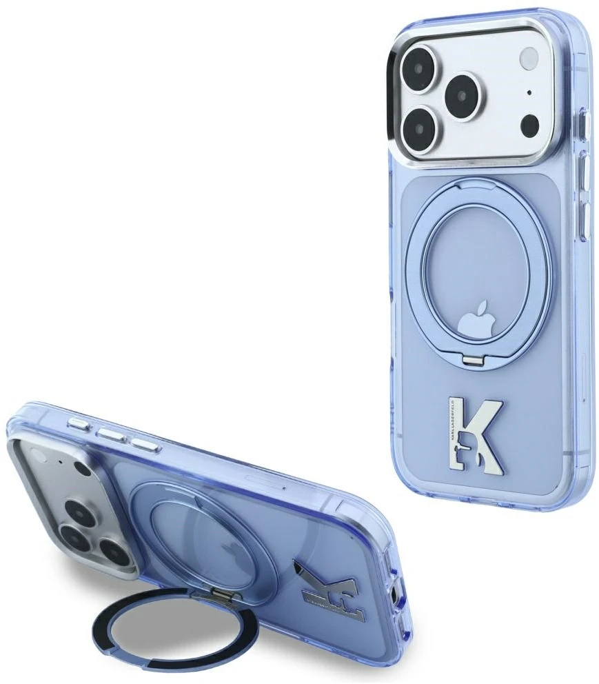 Dėklas Karl Lagerfeld IML Ring Stand 360 Kameo Metal MagSafe Case for iPhone 17 Pro Max / 18 Pro Max - Mėlyna