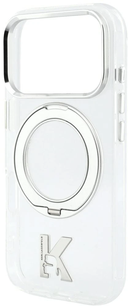 Karl Lagerfeld IML Ring Stand 360 Kameo Metal MagSafe dėklas, skirtas iPhone 17 Pro / 18 Pro – permatomas