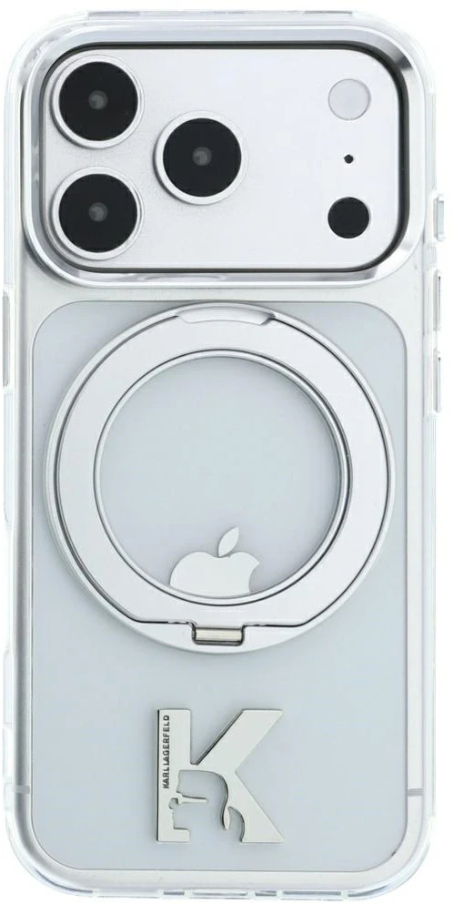 Karl Lagerfeld IML Ring Stand 360 Kameo Metal MagSafe dėklas, skirtas iPhone 17 Pro / 18 Pro – permatomas