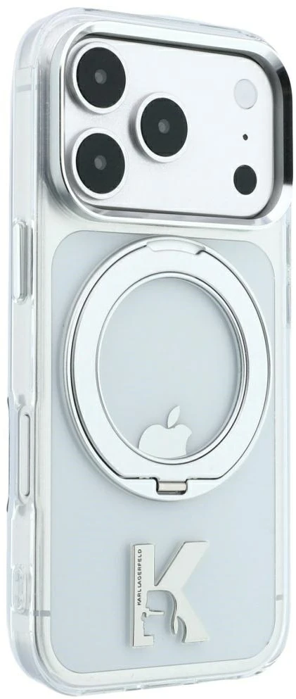 Karl Lagerfeld IML Ring Stand 360 Kameo Metal MagSafe dėklas, skirtas iPhone 17 Pro / 18 Pro – permatomas