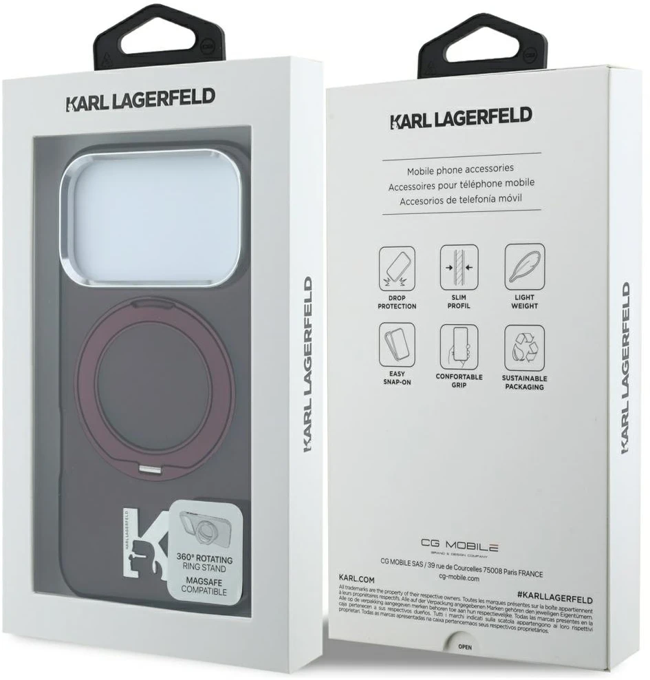 Karl Lagerfeld IML Ring Stand 360 Kameo Metal MagSafe dėklas, skirtas iPhone 17 Pro / 18 Pro - bordo