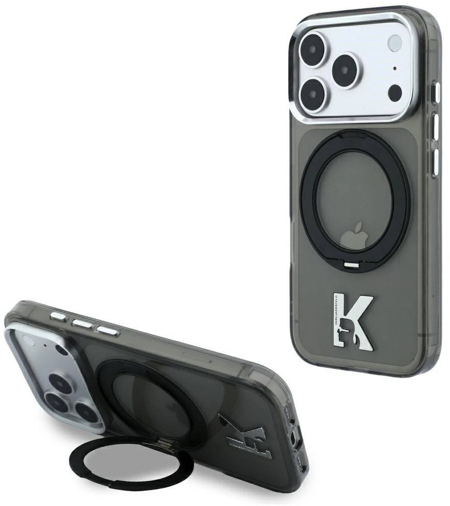 Dėklas Karl Lagerfeld IML Ring Stand 360 Kameo Metal MagSafe Case for iPhone 17 Pro Max / 18 Pro Max - Juoda