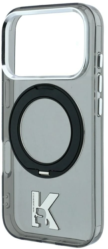 Dėklas Karl Lagerfeld IML Ring Stand 360 Kameo Metal MagSafe Case for iPhone 17 Pro Max / 18 Pro Max - Juoda