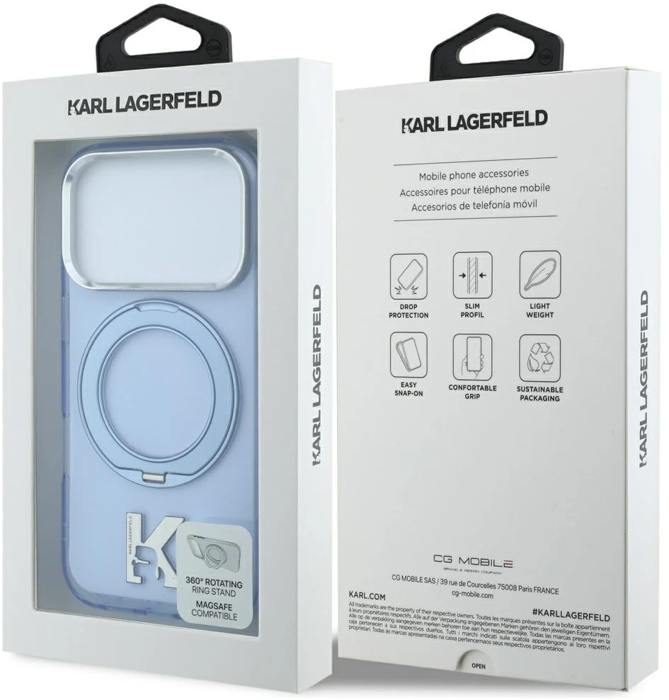Karl Lagerfeld IML žiedo stovas 360 Kameo Metal MagSafe dėklas, skirtas iPhone 17 Pro / 18 Pro - Mėlyna