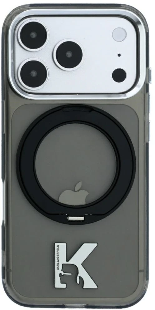 Dėklas Karl Lagerfeld IML Ring Stand 360 Kameo Metal MagSafe Case for iPhone 17 Pro Max / 18 Pro Max - Juoda