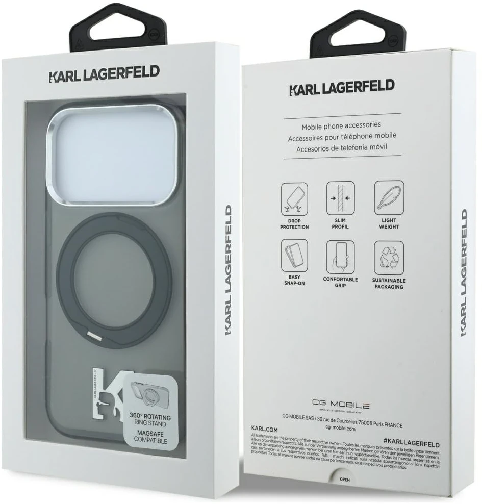 Dėklas Karl Lagerfeld IML Ring Stand 360 Kameo Metal MagSafe Case for iPhone 17 Pro Max / 18 Pro Max - Juoda