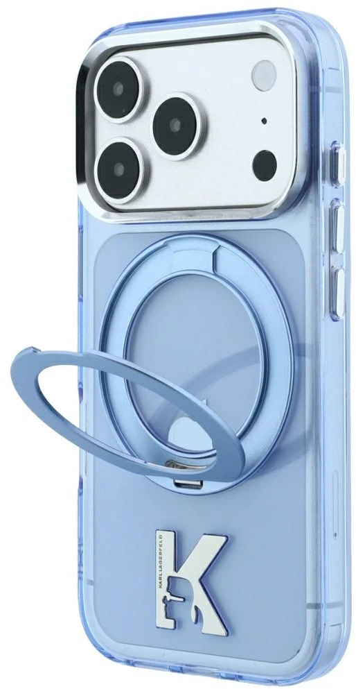 Dėklas Karl Lagerfeld IML Ring Stand 360 Kameo Metal MagSafe Case for iPhone 17 Pro Max / 18 Pro Max - Mėlyna
