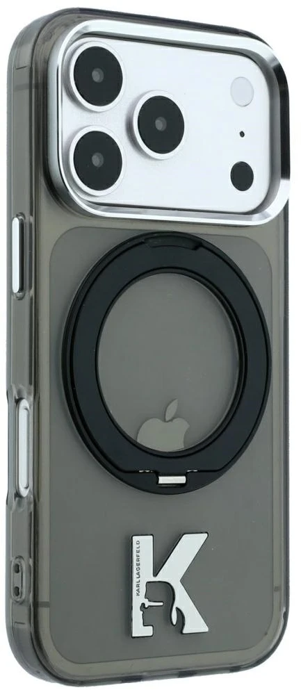 Dėklas Karl Lagerfeld IML Ring Stand 360 Kameo Metal MagSafe Case for iPhone 17 Pro Max / 18 Pro Max - Juoda