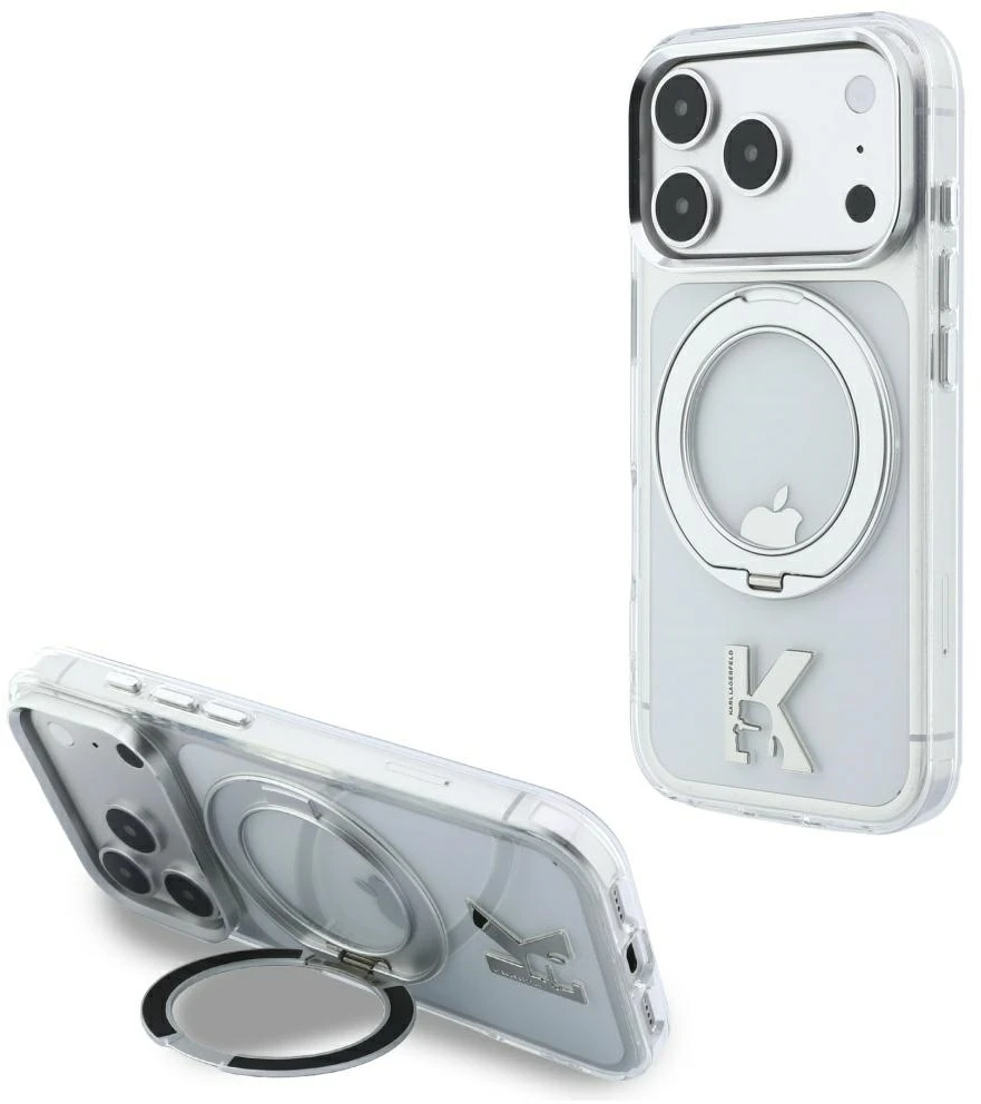 Karl Lagerfeld IML Ring Stand 360 Kameo Metal MagSafe dėklas, skirtas iPhone 17 Pro / 18 Pro – permatomas