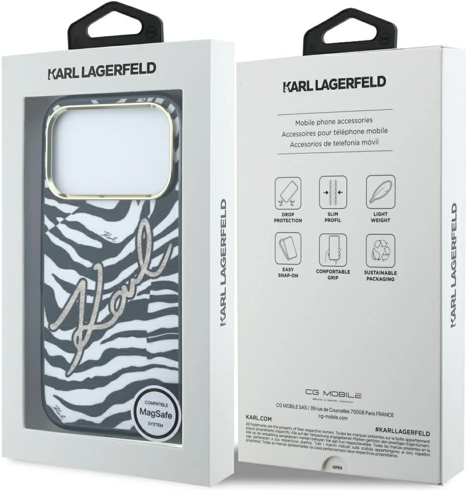 Dėklas Karl Lagerfeld IML Signature Zebra Glitter MagSafe Case for iPhone 17 Pro Max / 18 Pro Max - Gold