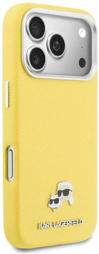 Karl Lagerfeld PU Karl and Choupette Heads Pins MagSafe dėklas skirtas Apple iPhone 17 Pro Max Geltona