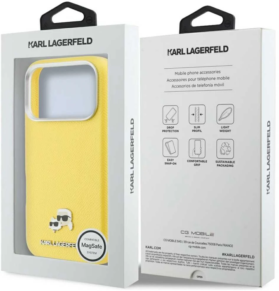 Karl Lagerfeld PU Karl and Choupette Heads Pins MagSafe dėklas skirtas Apple iPhone 17 Pro Max Geltona