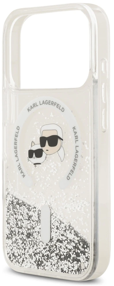 Dėklas Karl Lagerfeld Liquid Glitter Karl&Choupette Heads MagSafe do iPhone 18 Pro Max / 17 Pro Max przezorczysty