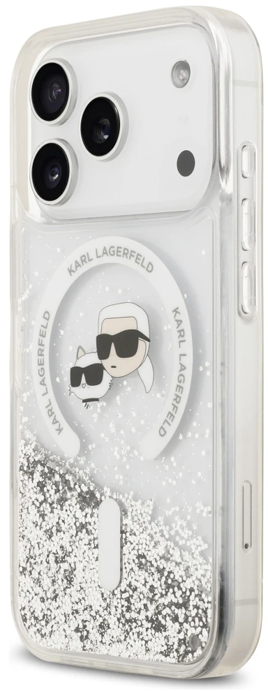 Dėklas Karl Lagerfeld Liquid Glitter Karl&Choupette Heads MagSafe do iPhone 18 Pro Max / 17 Pro Max przezorczysty