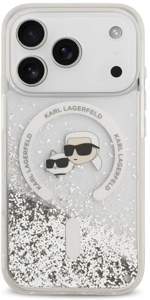 Dėklas Karl Lagerfeld Liquid Glitter Karl&Choupette Heads MagSafe do iPhone 18 Pro Max / 17 Pro Max przezorczysty