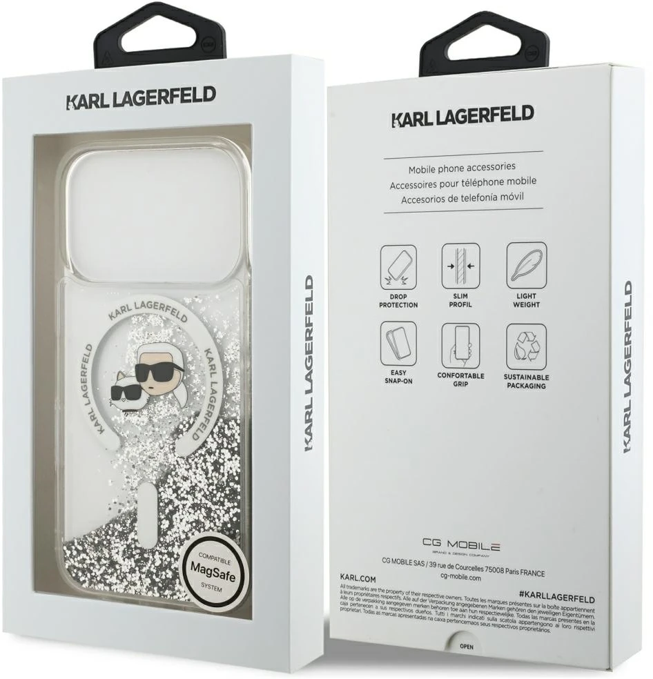Dėklas Karl Lagerfeld Liquid Glitter Karl&Choupette Heads MagSafe do iPhone 18 Pro Max / 17 Pro Max przezorczysty
