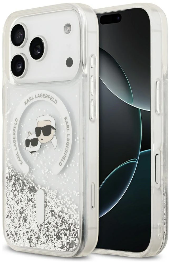 Dėklas Karl Lagerfeld Liquid Glitter Karl&Choupette Heads MagSafe do iPhone 18 Pro / 17 Pro przezorczysty