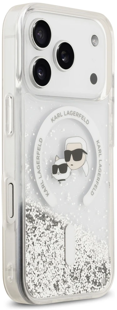 Dėklas Karl Lagerfeld Liquid Glitter Karl&Choupette Heads MagSafe do iPhone 18 Pro Max / 17 Pro Max przezorczysty
