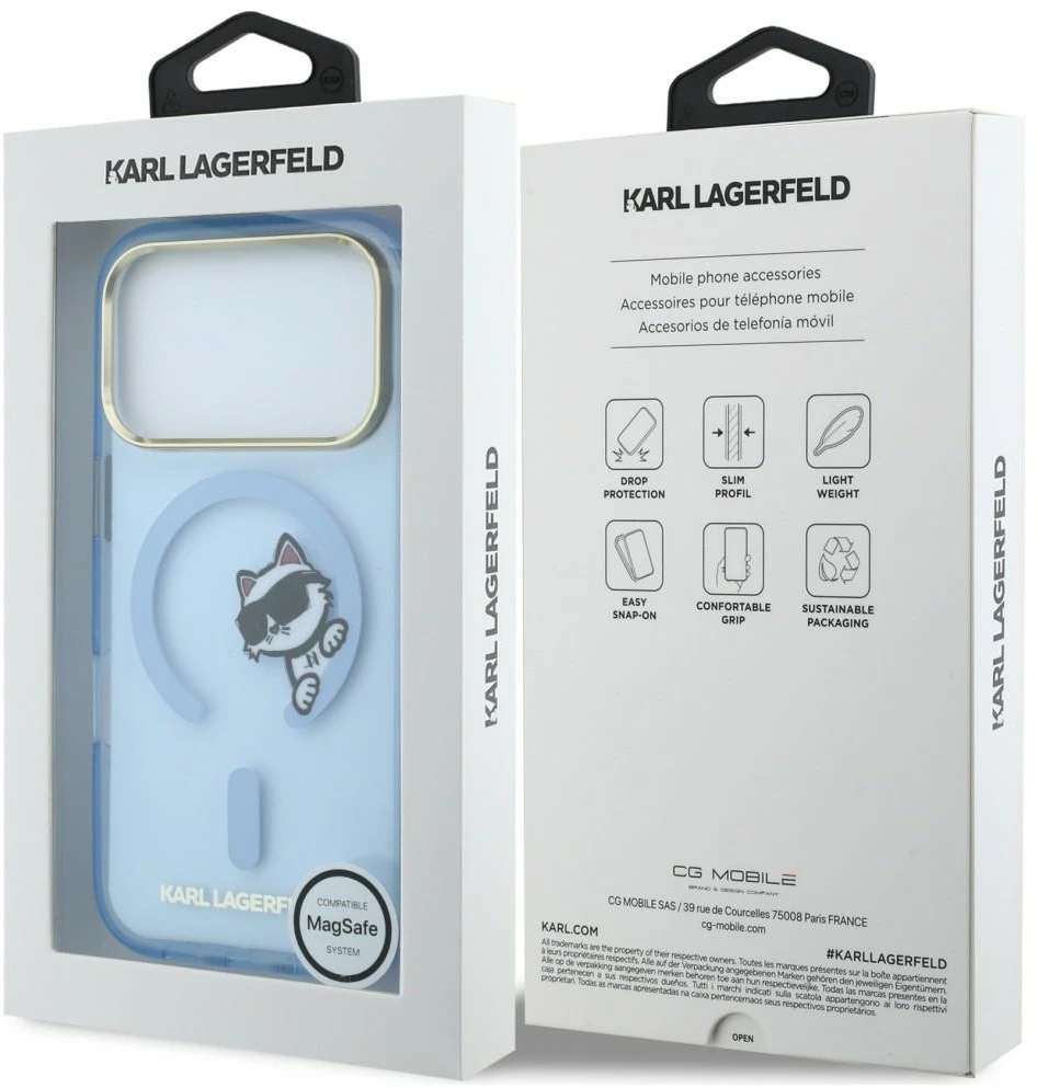Dėklas Karl Lagerfeld Peekaboo Logo MagSafe do iPhone 18 Pro / 17 Pro šviesiai mėlyna