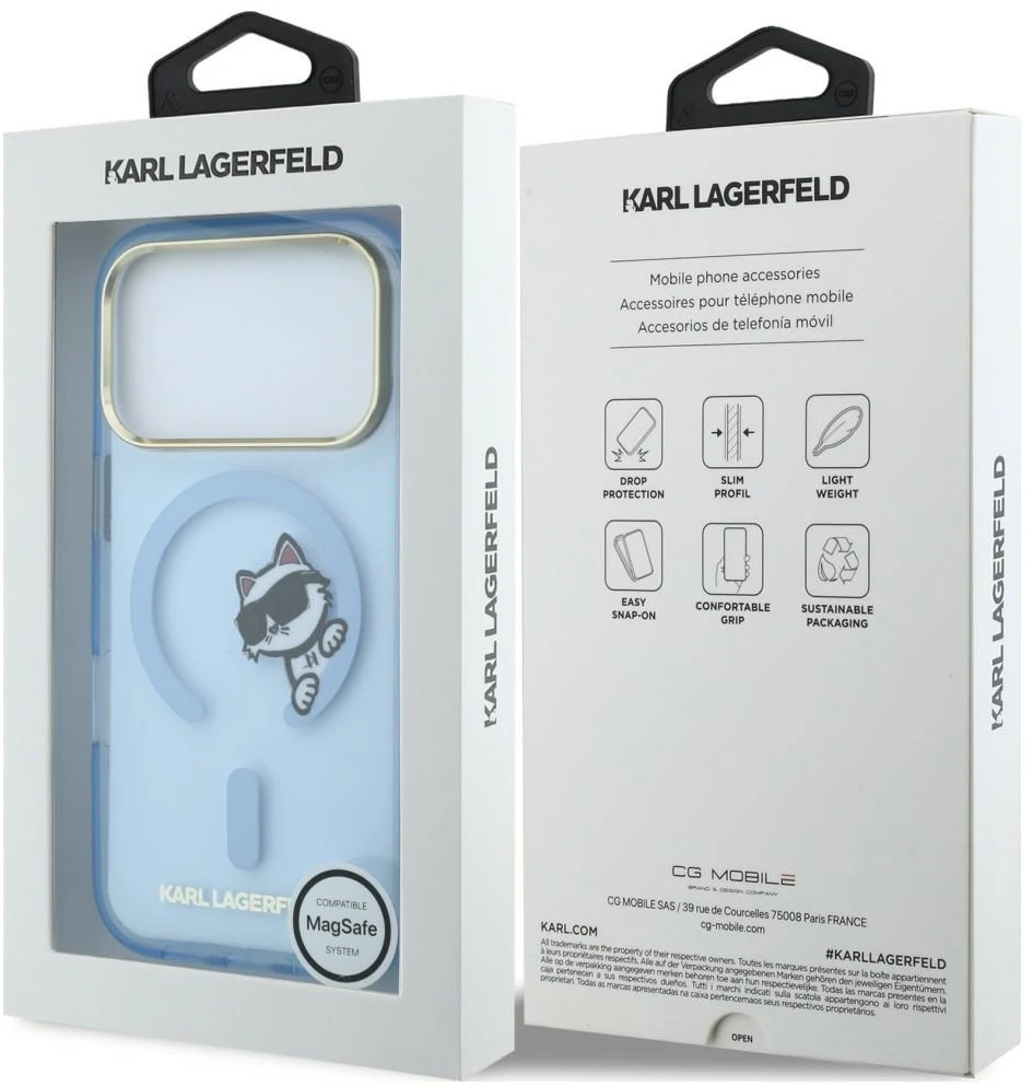 Karl Lagerfeld IML Choupette Peekaboo Magsafe dėklas, skirtas iPhone 18 Pro Max, mėlynas