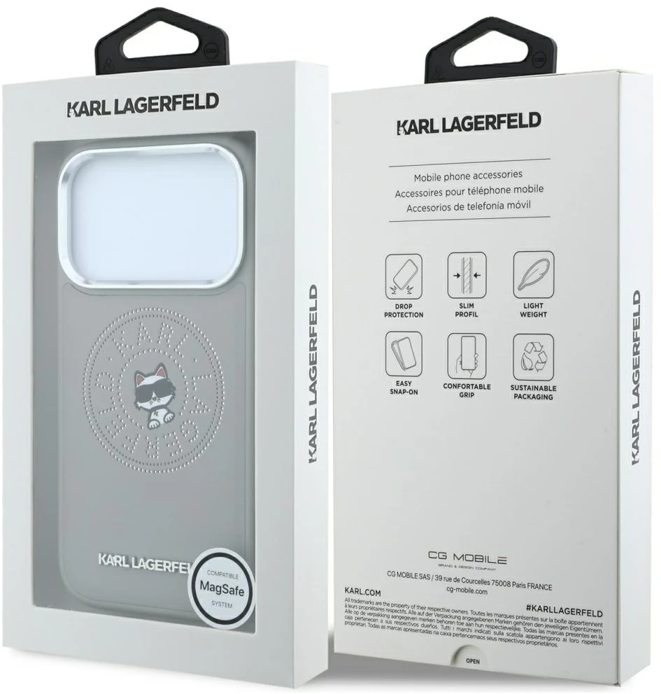 Dėklas Karl Lagerfeld Point & Choupette Sketch MagSafe do iPhone 18 Pro / 17 Pro pilka