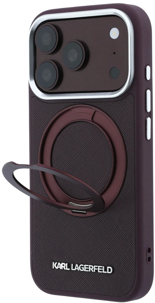 Dėklas Karl Lagerfeld Ring Stand 360 Saffiano Classic Logo MagSafe do iPhone 18 Pro Max / 17 Pro Max bordo spalvos